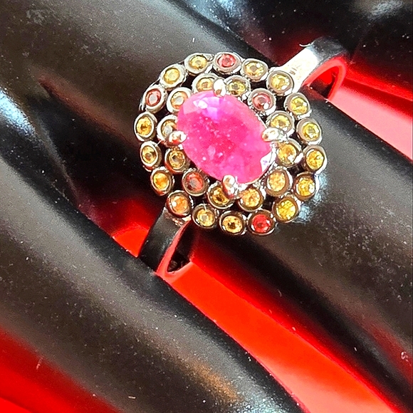 925 Sterling Silver with Natural Ruby 7x5mm & Sapphire Ring Sz 8.25 - Picture 8 of 8